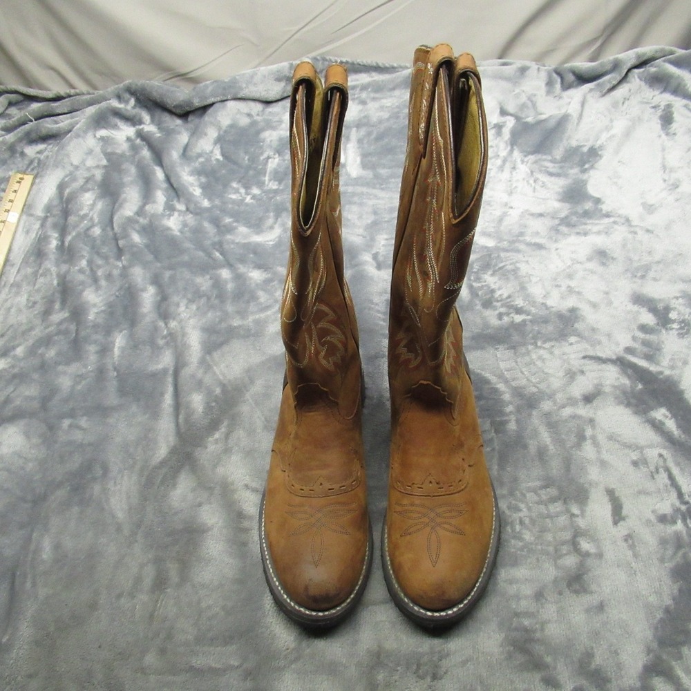 Tony Lama Women 7.5B Cowboy Boots Brown Red Leather Square Toe Western Riding - Picture 2 of 16